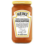 Heinz Tomato Grana Padano & Mascarpone grocery product jar with label showing ingredients and brand logo.