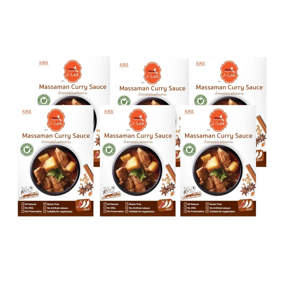 J-LEK Ready To Eat Massaman Curry 250g pack, featuring creamy Thai curry with tender meat and potatoes in a flavorful sauce.