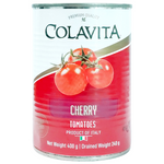 Fresh Colavita cherry tomatoes in a grocery display, showcasing bright red, ripe cherry tomatoes ready for cooking or snacking.