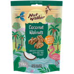 Nut Walker coconut walnuts, confectionery snack with roasted walnuts coated in sweet coconut, displayed in a close-up image.