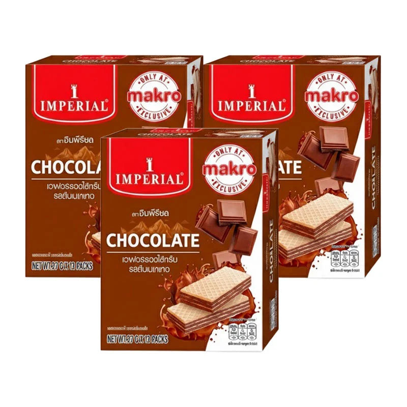 Imperial chocolate cream-filled wafer cookies in a 378g package, shown in a group with some wafers broken open to reveal cream filling.