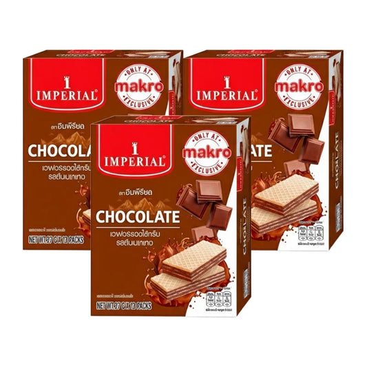 Imperial chocolate cream-filled wafer cookies in a 378g package, shown in a group with some wafers broken open to reveal cream filling.