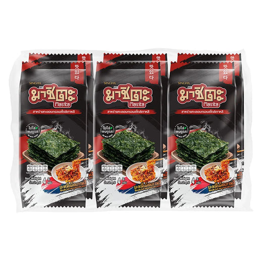 MASITA roasted seaweed noodle snack with hot spicy Korean sauce flavor, 4g package, displayed in the image.