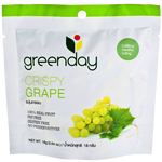 Greenday Crispy Grape Chips in a bowl, showing golden, crunchy snack pieces made from dried grapes, fresh and appealing.
