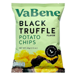 Vabene Black Truffle Potato Chips in a clear bowl, showcasing crispy chips with black truffle flavor on a plain background.
