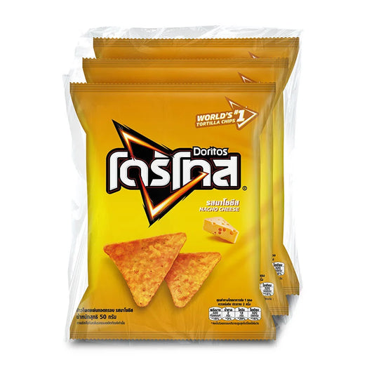 Bag of DORITOS Nacho Cheese corn tortilla chips with bright orange logo and colorful crunchy chips inside.