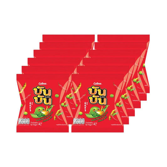 BUN BUN Hot Chili Flavor 5 Baht Pack with 12 sachets, featuring spicy chili seasoning in colorful packaging.