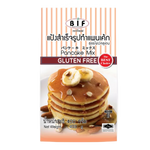 Bif gluten-free pancake mix in a box, healthy grocery product with pancake stack and syrup on a plate.