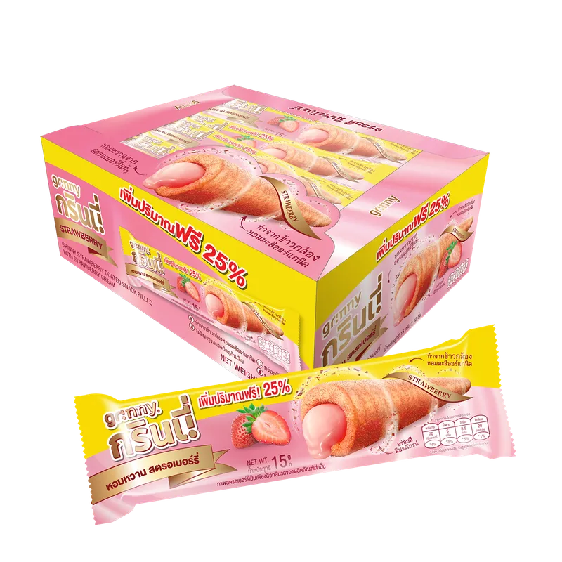 GRINNY STRAWBERRY COATED SNACK FILLED WITH STRAWBERRY CREAM .