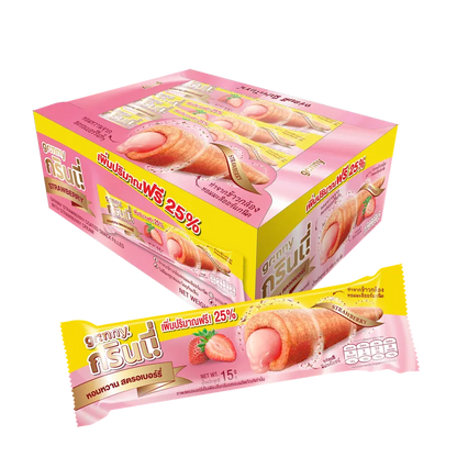 GRINNY STRAWBERRY COATED SNACK FILLED WITH STRAWBERRY CREAM .