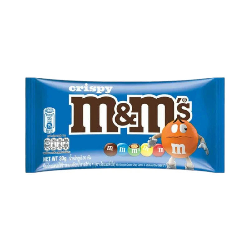 M&M's Crispy Milk Chocolate filled with puff rice, 30 g candy in a colorful wrapper, featuring the M&M's brand logo on the packaging.
