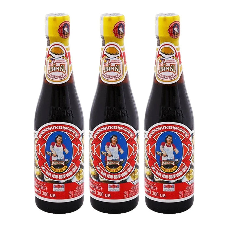 Jar of MAEKRUA Oyster Sauce 300ml, shown in a glass container with a dark, savory sauce inside.