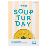 O'Rice Soupturday 43 rice soup in a bowl, showcasing the creamy texture and rice grains, on a grocery product label.
