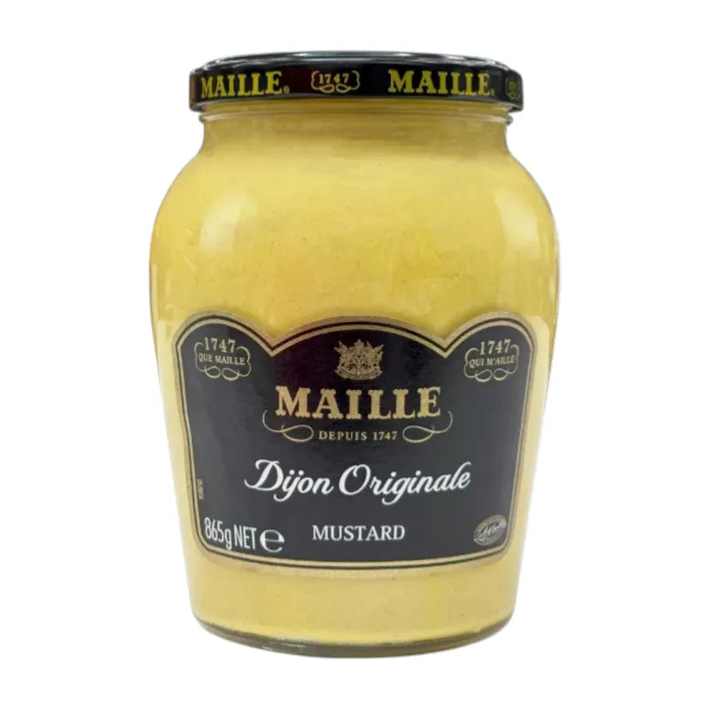 Jar of MAILLE Dijon Mustard in 865g glass container, showing the classic yellow mustard with a smooth texture.