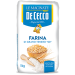 Bag of De Cecco wheat flour, De Cecco Farina De Grano, showing the packaging with wheat illustrations on a grocery shelf.