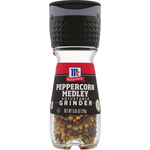McCormick Peppercorn Medley Grinder showing a clear view of the black, white, and green peppercorns inside the transparent grinder.