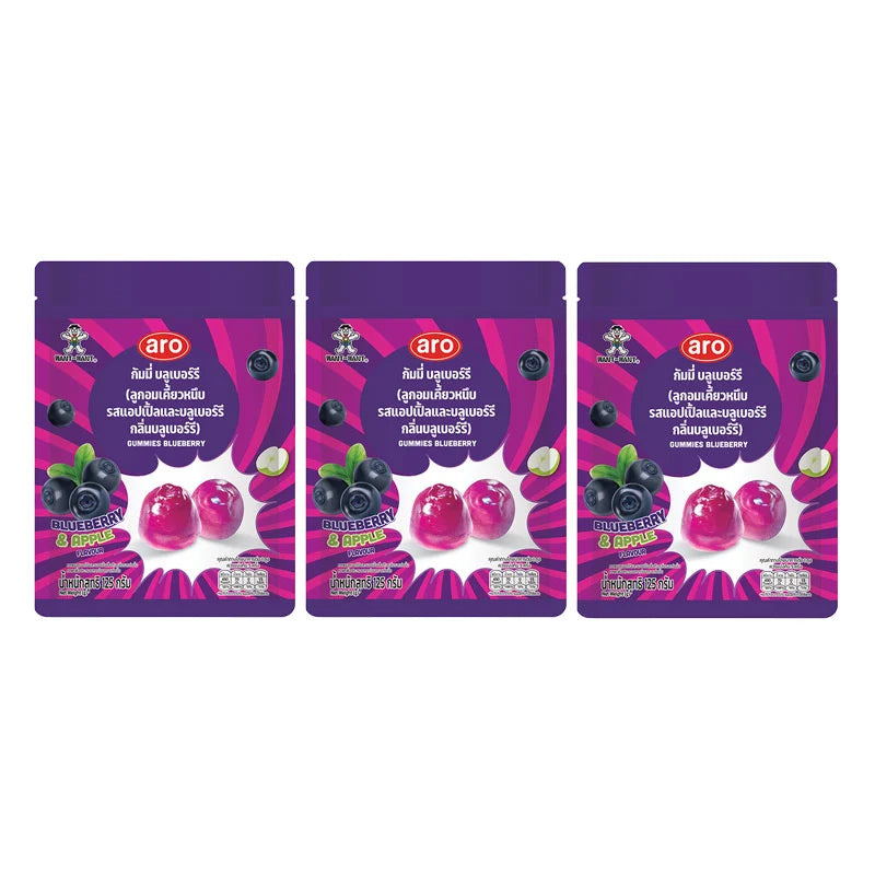 Assorted ARO Blueberry Gummy candies in a 125g package, showcasing vibrant, blueberry-flavored gummy sweets.