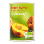 Canned Sainsbury's peach halves in syrup, packed in a metal can, ready for use in desserts or recipes.