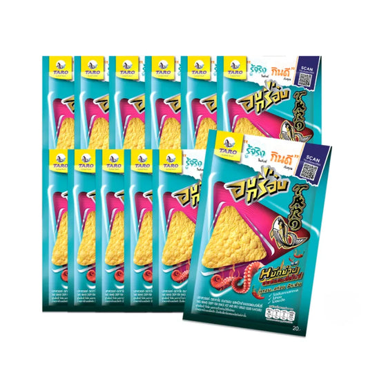 TARO crispy fish snack with hot and spicy grilled squid flavor, 18g x 12 packs, crunchy seafood snack in a colorful package