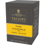 A cup of Taylors Pure Chamomile herbal tea drink with chamomile flowers and tea leaves in a clear glass mug.