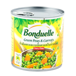 Bonduelle Peas and baby carrots in a grocery package, fresh and vibrant vegetables for healthy eating.