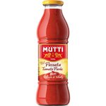 Mutti Passata di Pomodoro tomato puree in a glass jar, smooth bright red tomato sauce for cooking and recipes.