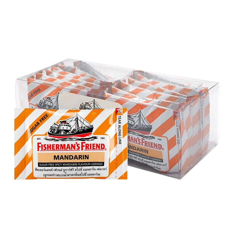 Fisherman's Friend Sugar-Free Spicy Mandarin Lozenges in a 12-pack, featuring orange and spicy flavor, with individual lozenges visible.