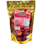Freeze dried strawberry snack by Khun Maeju, showcasing vibrant red, crispy confectionery strawberry pieces in a clear package.