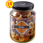Mixed nuts from Farmer's Grain in a clear bowl, showcasing a variety of almonds, cashews, and walnuts as confectionery snacks.