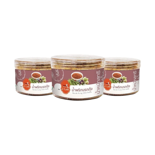 Three jars of J-LEK Spicy Shrimp Chili Paste in 40g plastic containers, showing the colorful labels and jar lids.