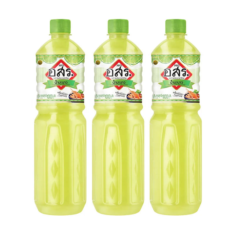 PFO Lime Juice Mixed 55% in a 1L bottle, shown in a pack of three, with fresh lime slices and juice pouring into a glass.
