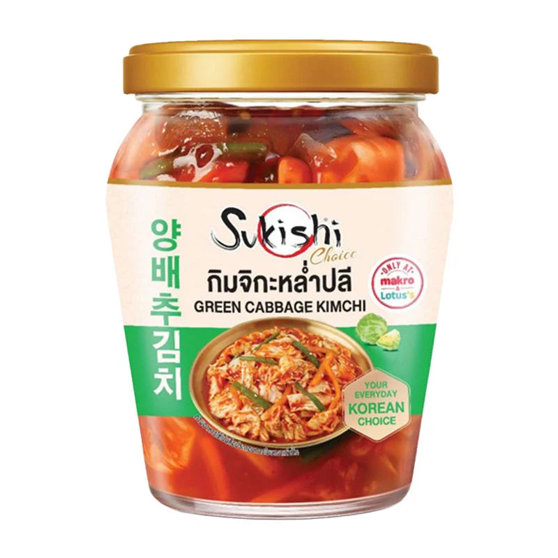 SUKISHI Green Cabbage Kimchi in a bowl, showing fresh green cabbage pieces and traditional Korean fermented kimchi.