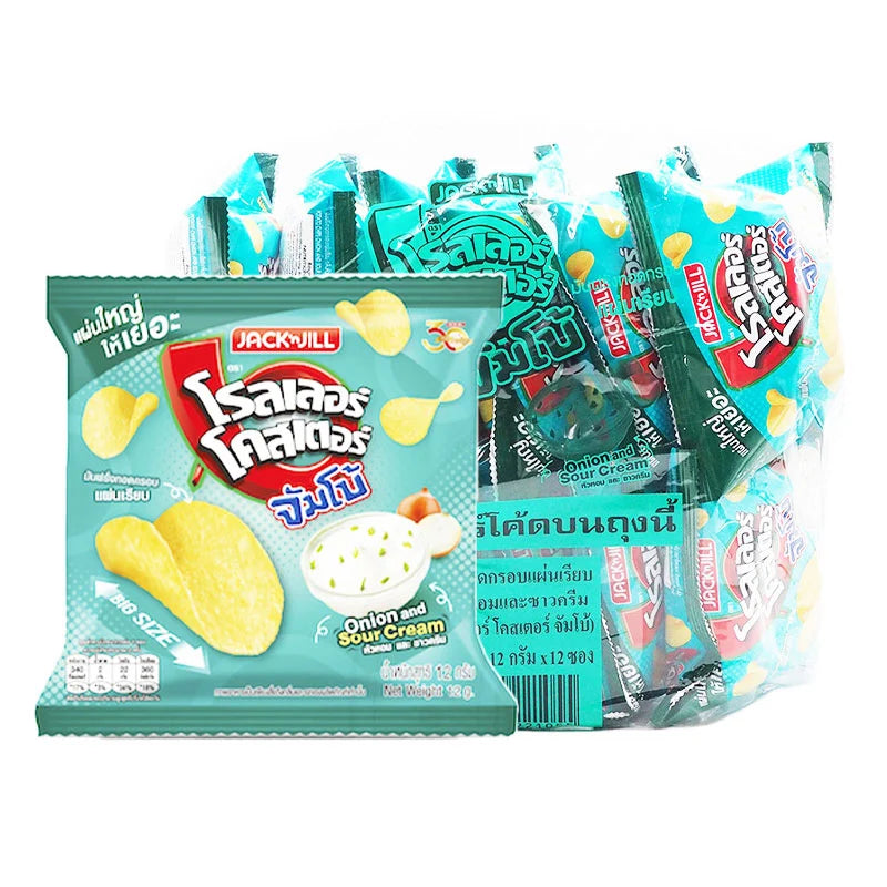 Roller Coaster Onion & Sour Cream snack bag, 12g x 12, showing colorful packaging with onion and sour cream flavor imagery.