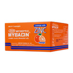 Mybacin Zinc Orange dry grocery snack pack with 10 tablets and 20 sheets, colorful packaging featuring orange flavor and branding.