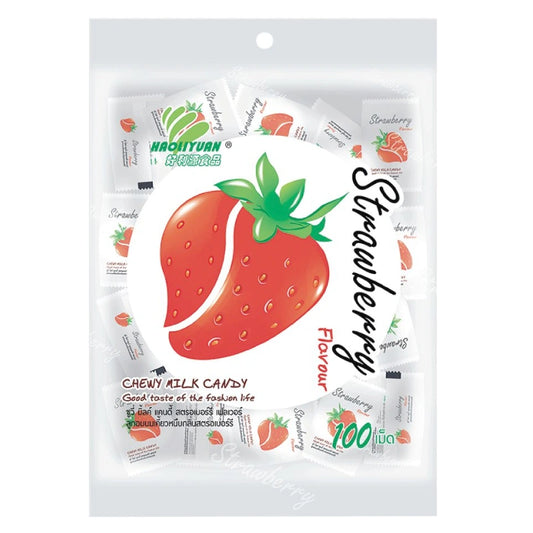 HAOLIYUAN Chewy Milk Strawberry candies in a box, 100-piece pack featuring pink and white strawberry-flavored chewy treats.
