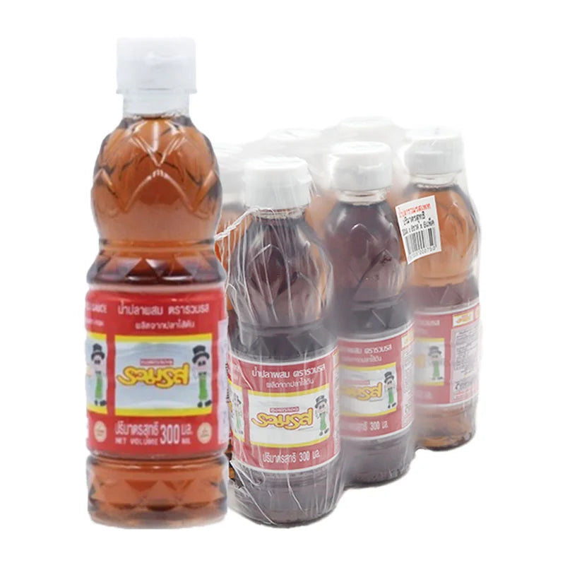 RUAMROS mixed fish sauce bottles, 300 ml each, arranged in a pack of six, showcasing clear bottles with label details.