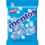 Mentos Mint candy pack showing colorful mint-flavored chewy candies in a clear plastic container.