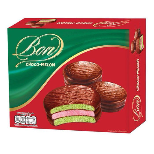 Bon Chocolate Melon Pie 17g, a pack of 12 individually wrapped melon-flavored chocolate pies with a creamy filling.