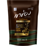 Khao Shong Robusta espresso roasted and ground coffee in a bag, ready for brewing, with rich brown beans visible.