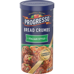 Progresso Italian bread crumbs in a resealable bag, showing golden toasted bread crumbs for cooking and baking.