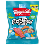 Colorful Maynards Bassetts Fizzy Fish Jellies, chewy confectionery snacks in fish shapes with sugary coating and fizzy texture.