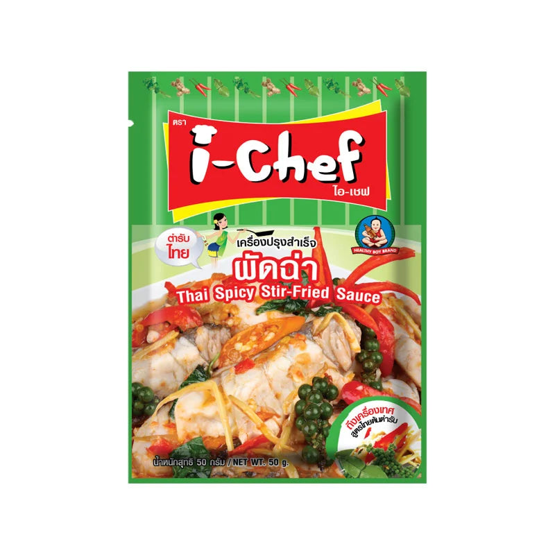I-CHEF Thai Spicy Stir-Fry Sauce in 50g packet with vibrant red chili and aromatic herbs, ready for cooking flavorful Thai dishes.