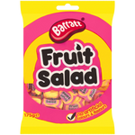 Assorted Barratt Fruit Salad Chews in colorful packaging, showcasing bright, chewy fruit-flavored confectionery snacks.