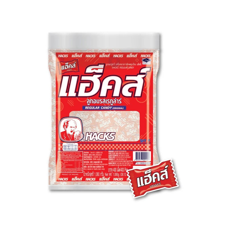 HACKS Regular Candy in a large 1.08 kg box with 400 pieces, featuring colorful, sweet candies displayed in a clear container.