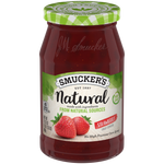 Jar of Smucker's Natural Strawberry Jam with fresh strawberries on the label, showcasing a grocery product for natural fruit spread.