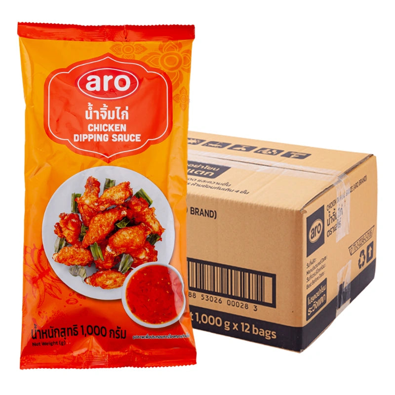 ARO Chicken Dipping Sauce 1 kg, shown in a 12-pack, with bottles of flavorful chicken dipping sauce on a table.