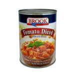 Canned Brook diced tomatoes in juice, 565g, in a metal can with label showing fresh diced tomatoes and brand logo.
