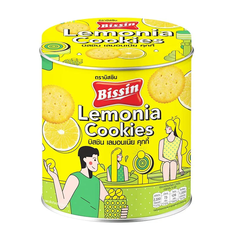 BISSIN Lemonia Cookies in a 420g package, showing golden-brown lemon-flavored cookies with a textured surface.