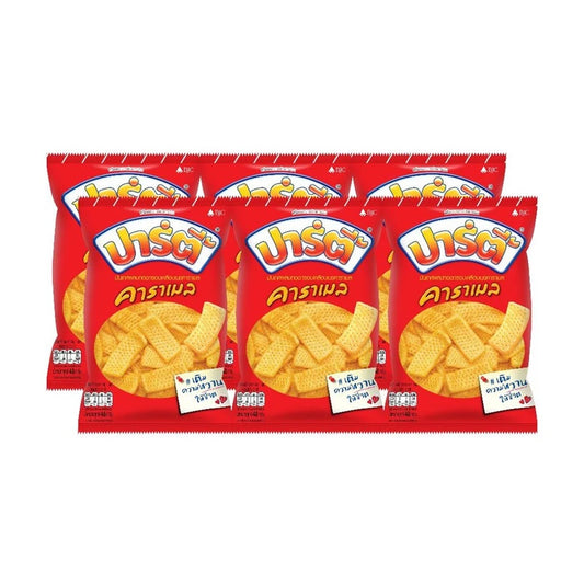 Party Caramel Snack 48g pack, close-up of golden caramel-coated snack pieces in a clear bag.