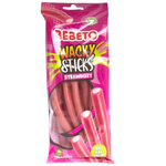 Bebeto Wacky Sticks Strawberry confectionery snacks in colorful packaging with strawberry-flavored candy sticks inside.